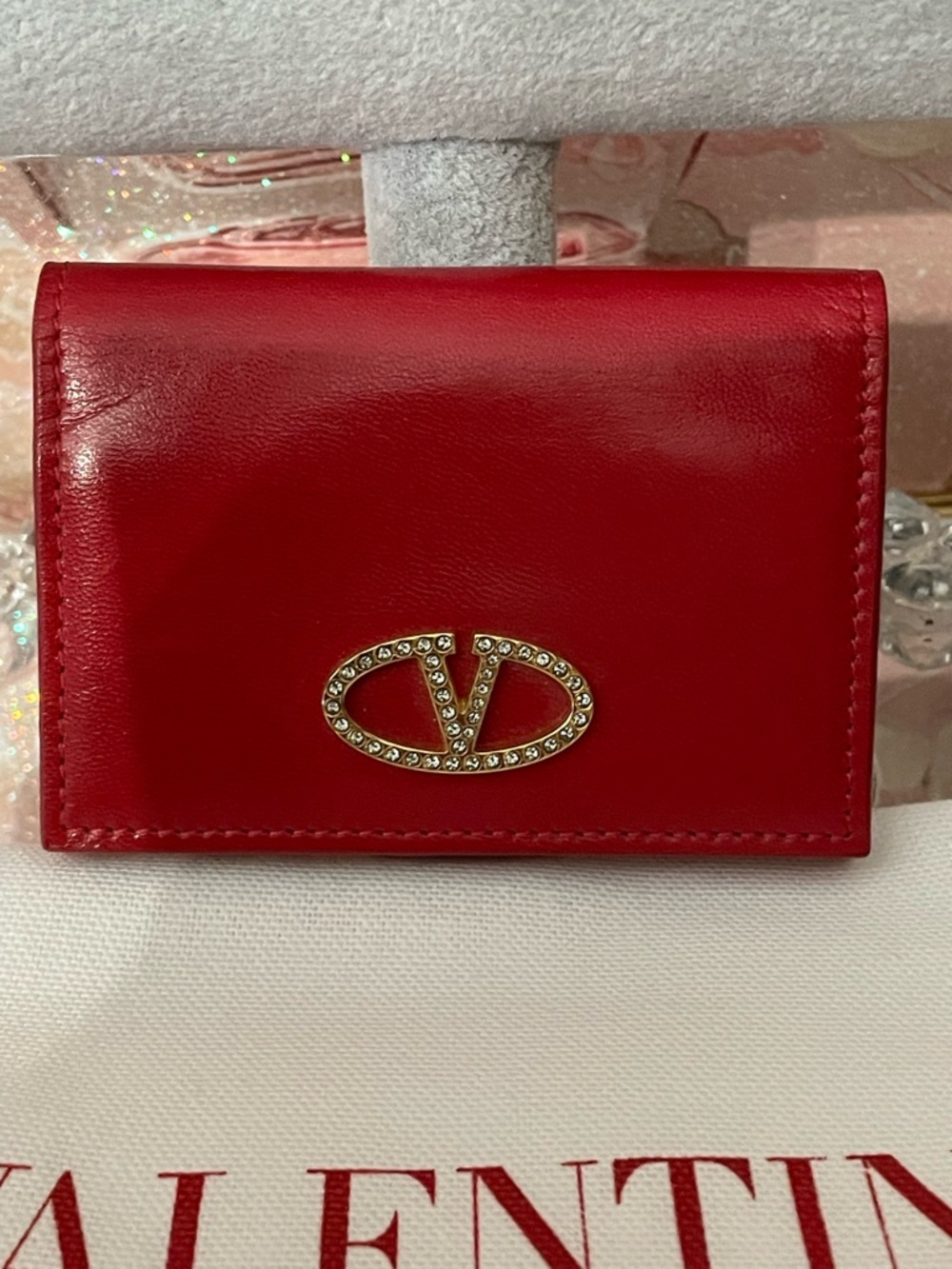 Valentino Garavani Red Leather Wallet crystal details